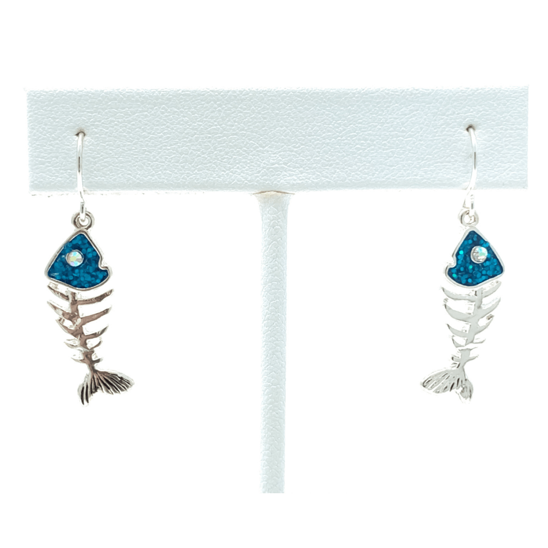 Silver Blue Fishbone Dangle Beach Earrings Rhinestone Accents - Costume Jewelry