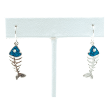 Silver Blue Fishbone Dangle Beach Earrings Rhinestone Accents - Costume Jewelry

