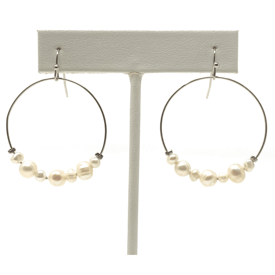 Freshwater Pearl Circle Hoop Silver Dangle Earrings For Women - Fashion Jewelry