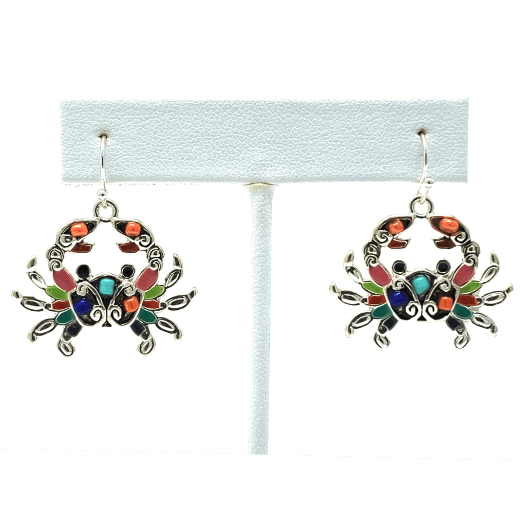 Silver Crab With Seed Beads Summer Earrings - Beach Jewelry