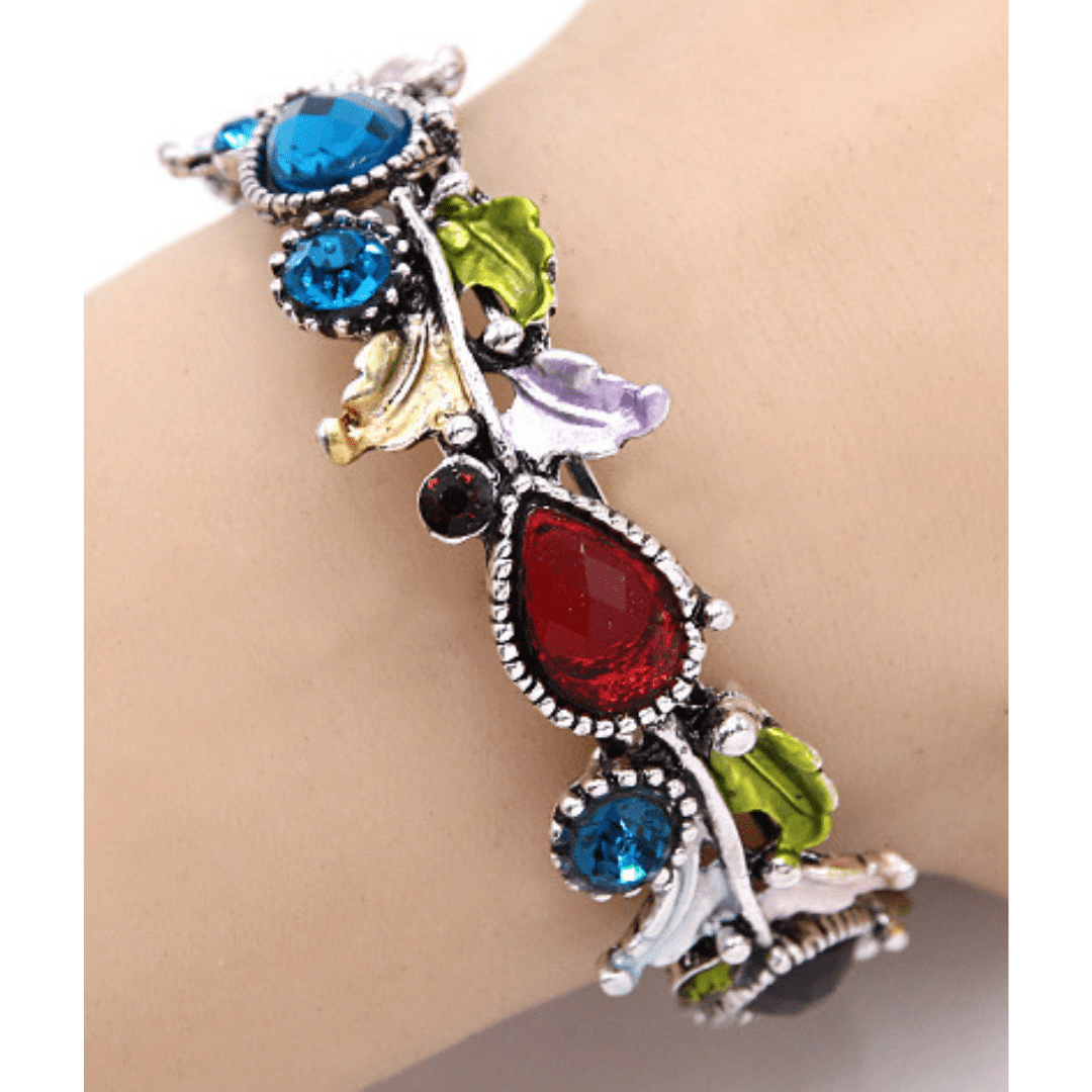 Multi Color Crystal Adjustable Flower Bangle Bracelet In Silver - Costume Jewelry For Women