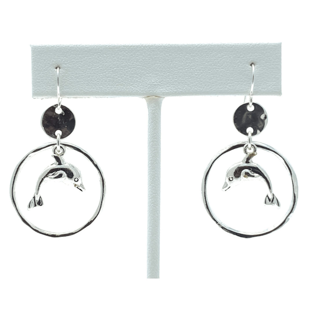 Silver Dolphin Circle Hoop Dangle Beach Earrings For Women - Costume Jewelry