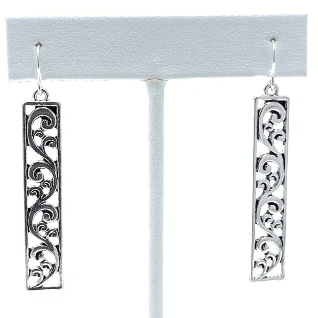 Silver Filigree Bar Rectangle Drop Earrings For Women - Fashion Jewelry
