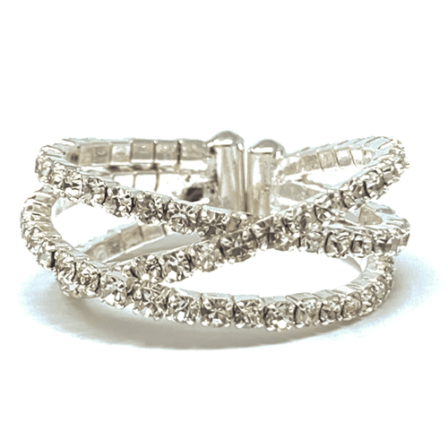 Clear Rhinestone Silver Crossover Cuff Style Stretch Ring - Fashion Jewelry
