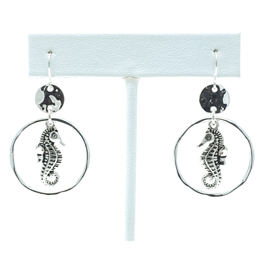 Silver Seahorse Circle Hoop Dangle Beach Earrings For Women - Costume Jewelry