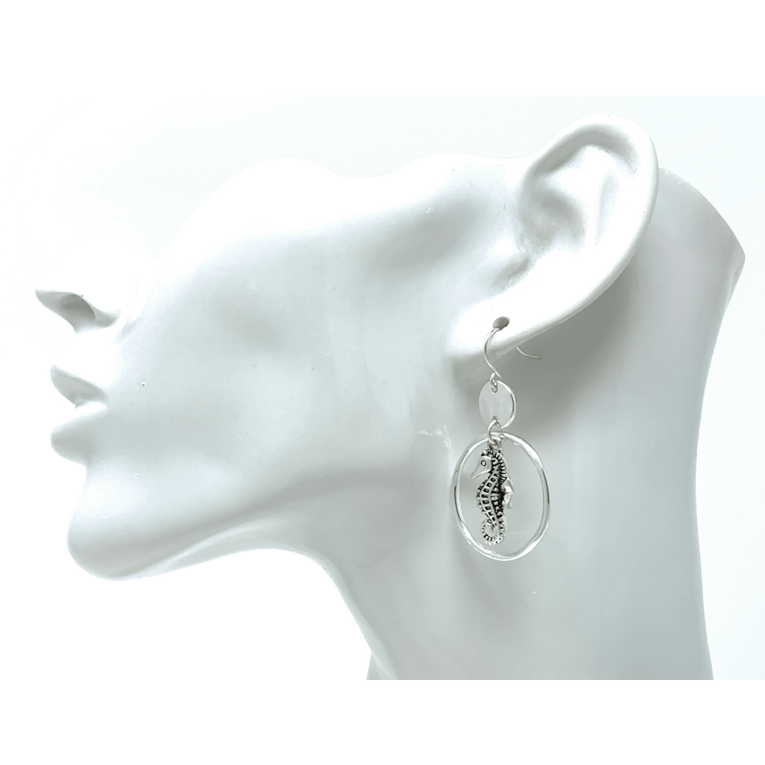 Silver Seahorse Circle Hoop Dangle Earrings For Women - Fashion Jewelry