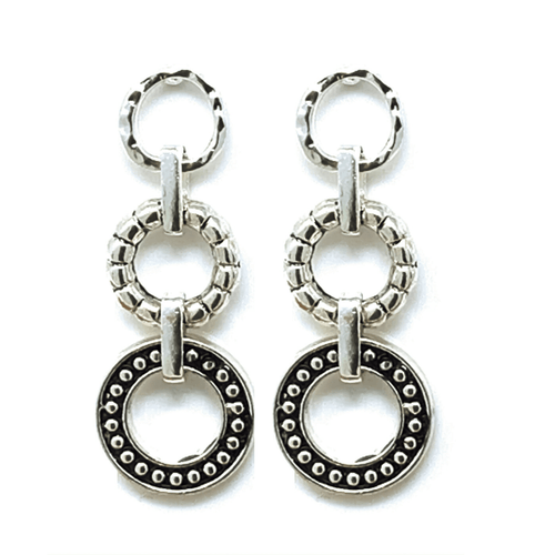 Silver Three Open Circle Linked Earrings - Fashion Jewelry
