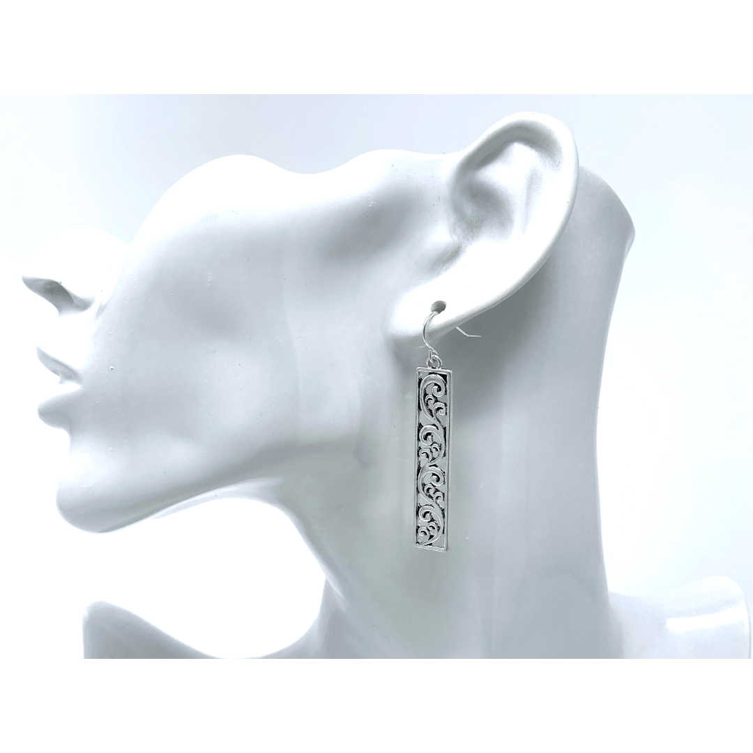 Silver Swirl Filigree Bar Rectangle Dangle Earrings For Women - Costume Jewelry