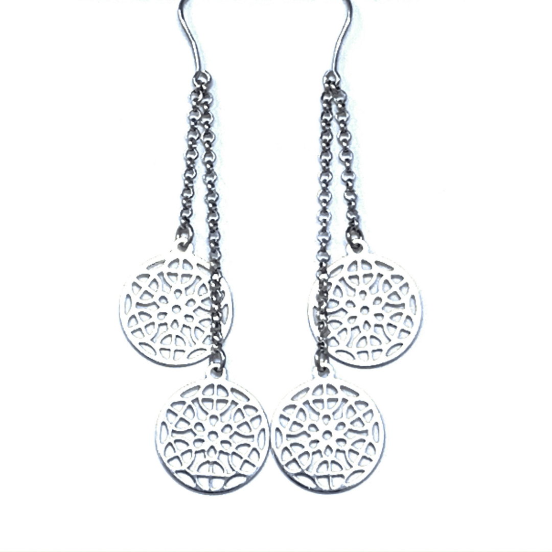 Sterling Silver Circle Disc Cutout Filigree Dangle Earrings - SeaSpray Jewelry
