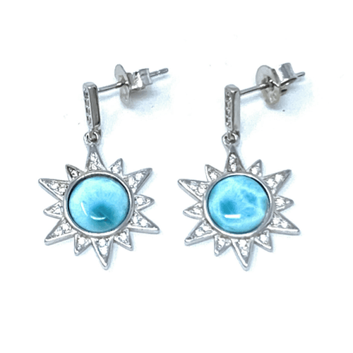 Sun Burst Larimar & CZ Sterling Silver Stud Earrings - SeaSpray Jewelry