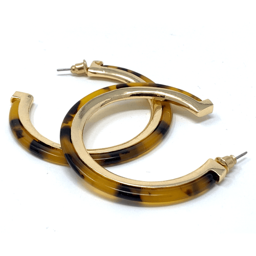 Resin Tortoise Shell Hoop Earrings With Gold Trim - Fashion Earrings For Women