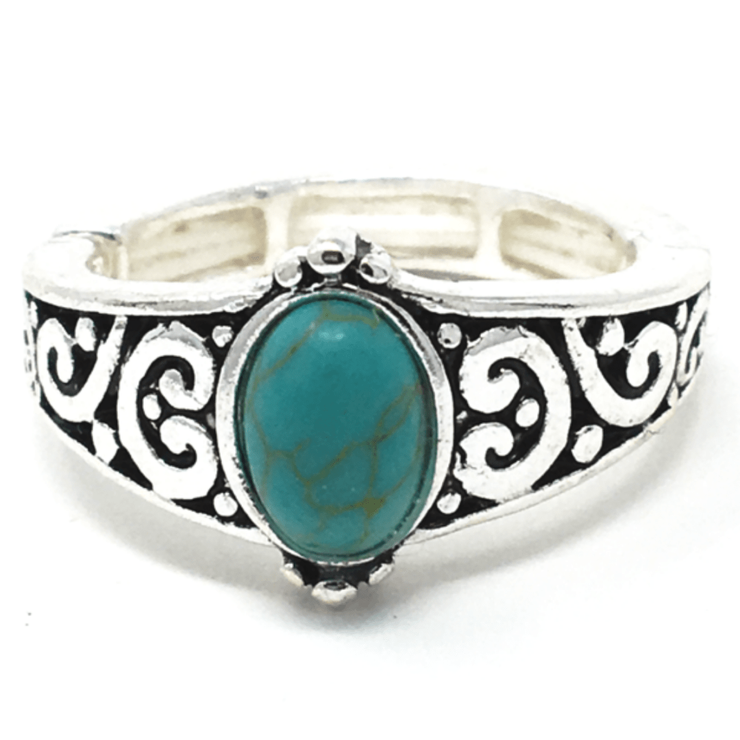 Silver Turquoise Stone Stretch Ring For Women - Statement Jewelry