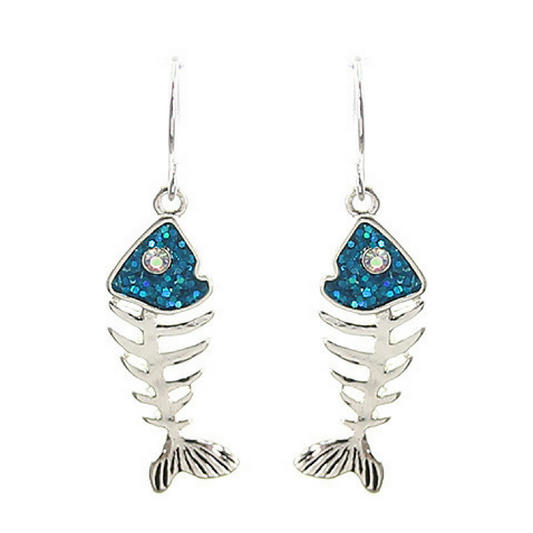 Silver & Blue Fish Bone Dangle Earrings with Rhinestone Accents - Nautical Earrings