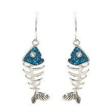 Silver &amp; Blue Fish Bone Dangle Earrings with Rhinestone Accents - Nautical Earrings
