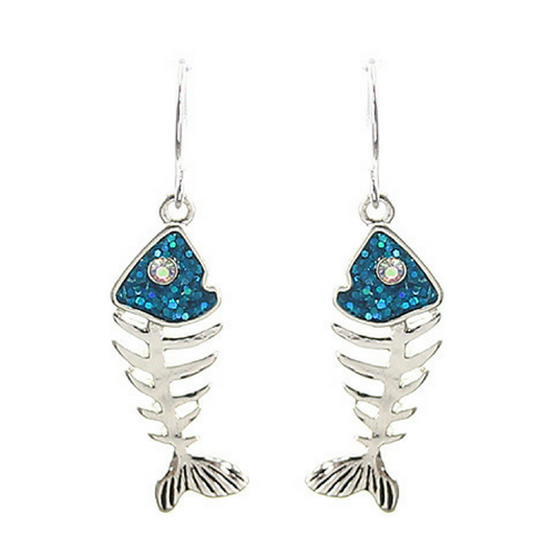 Silver & Blue Fish Bone Dangle Earrings with Rhinestone Accents - Nautical Earrings