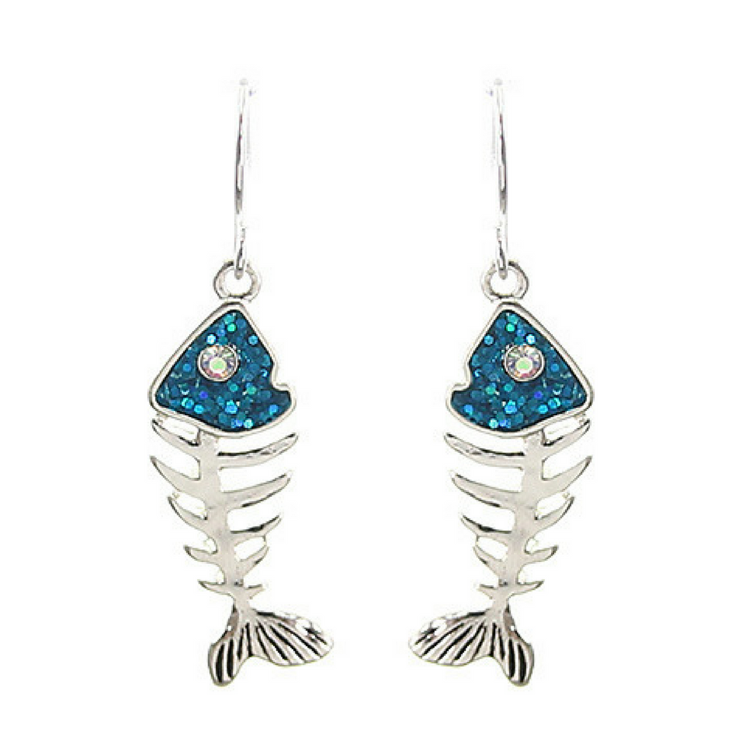 Silver & Blue Fish Bone Dangle Earrings with Rhinestone Accents - Nautical Earrings