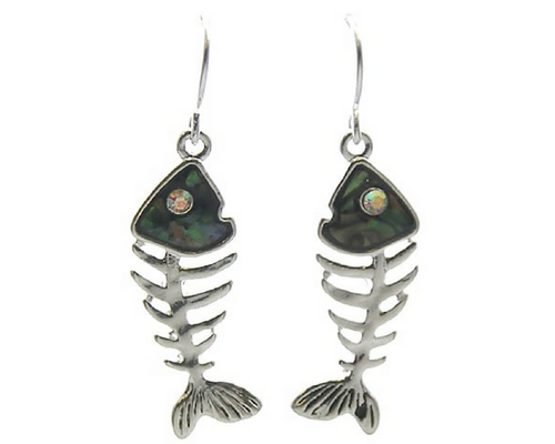 Silver & Abalone Fish Bone Dangle Earrings with Rhinestone Accents - Nautical Earrings