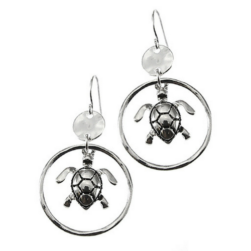 Silver Sea Turtle Circle Hoop Dangle Earrings - Beach Jewelry