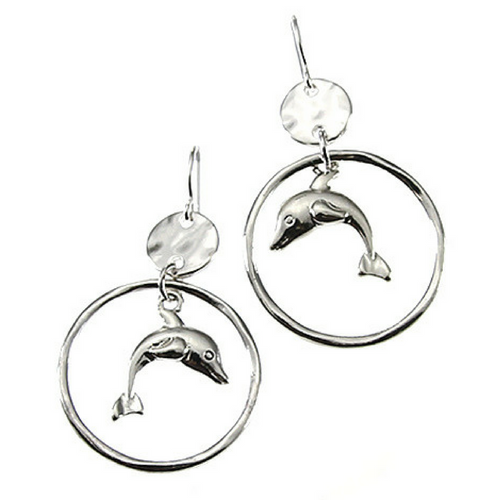 Silver Dolphin Circle Hoop Dangle Earrings - Nautical Earrings