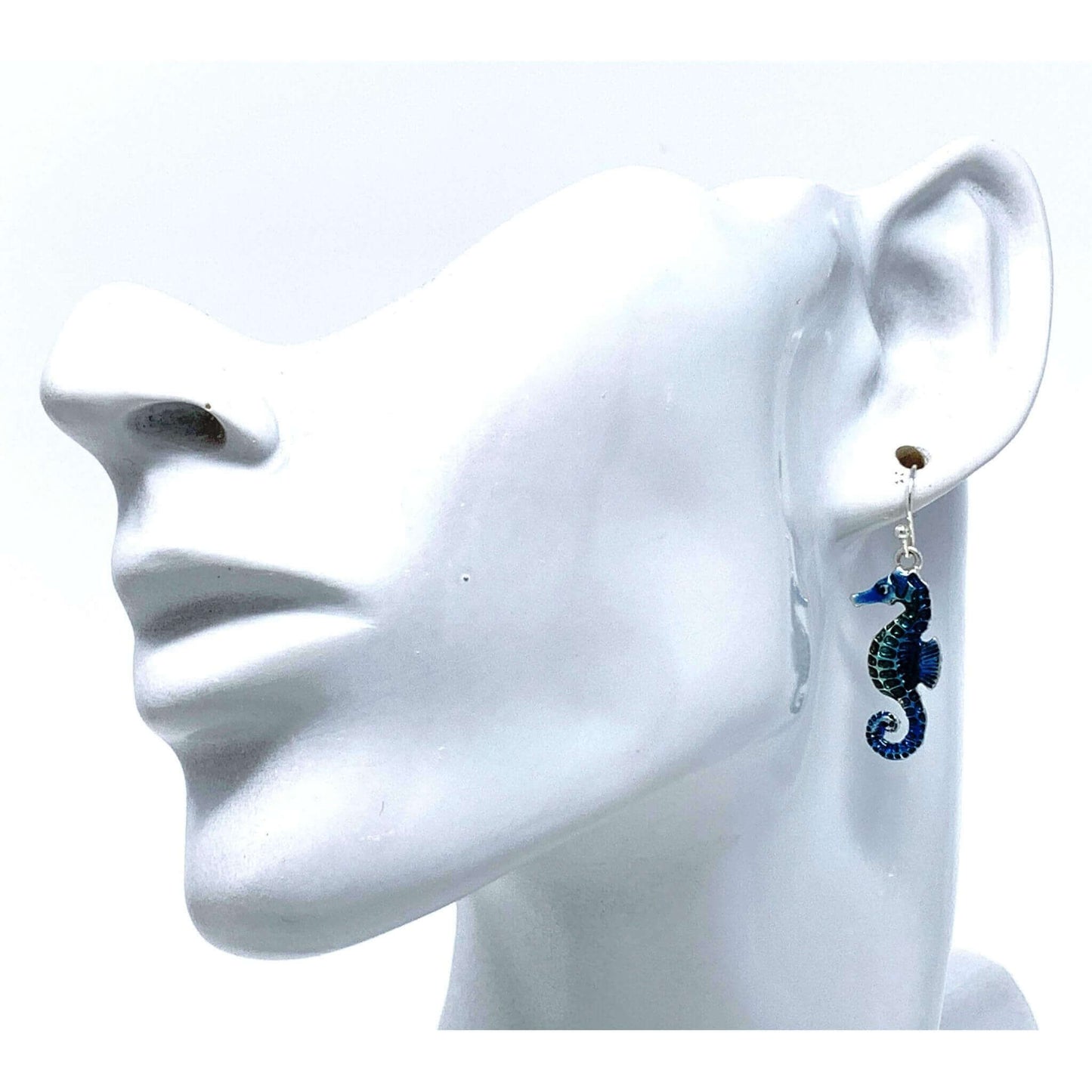 Blue Silver Seahorse Earrings - Beach Jewelry