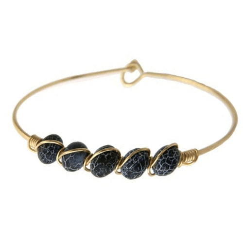 Beaded Black Agate Stone Gold Bangle Bracelet
