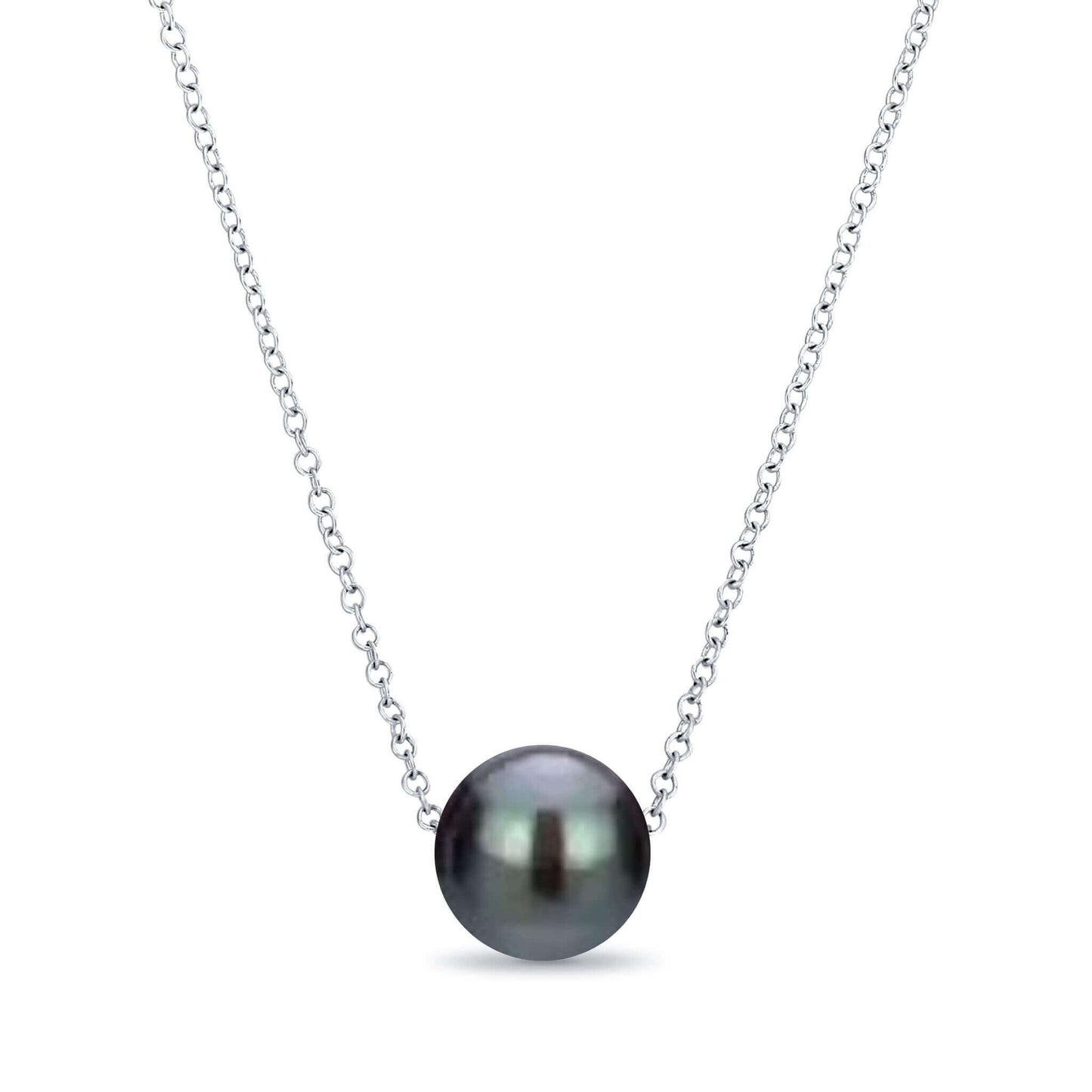 Black freshwater pearl necklace, floating design, sterling silver chain