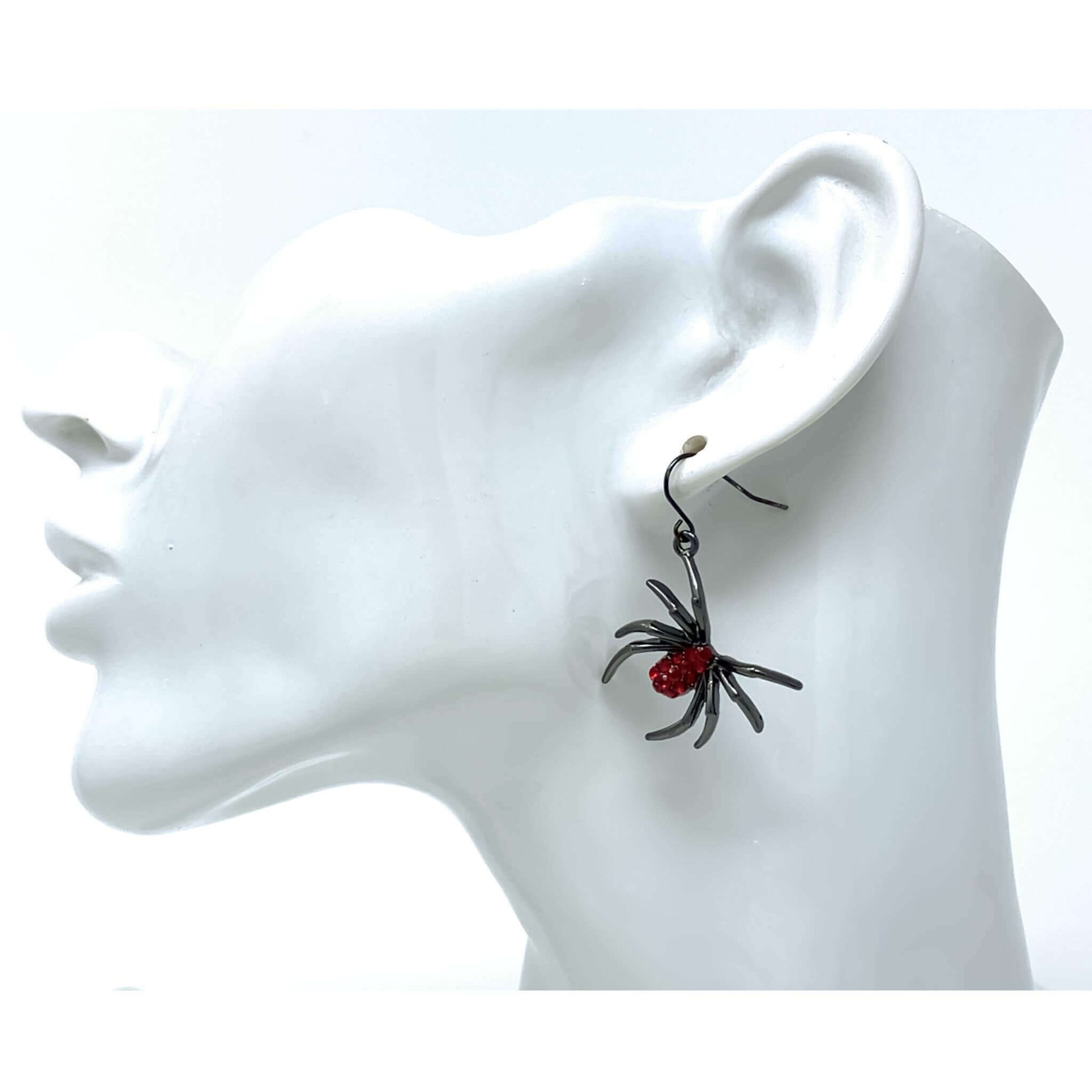 Black Spider Earrings With Red Rhinestones - Halloween Jewelry