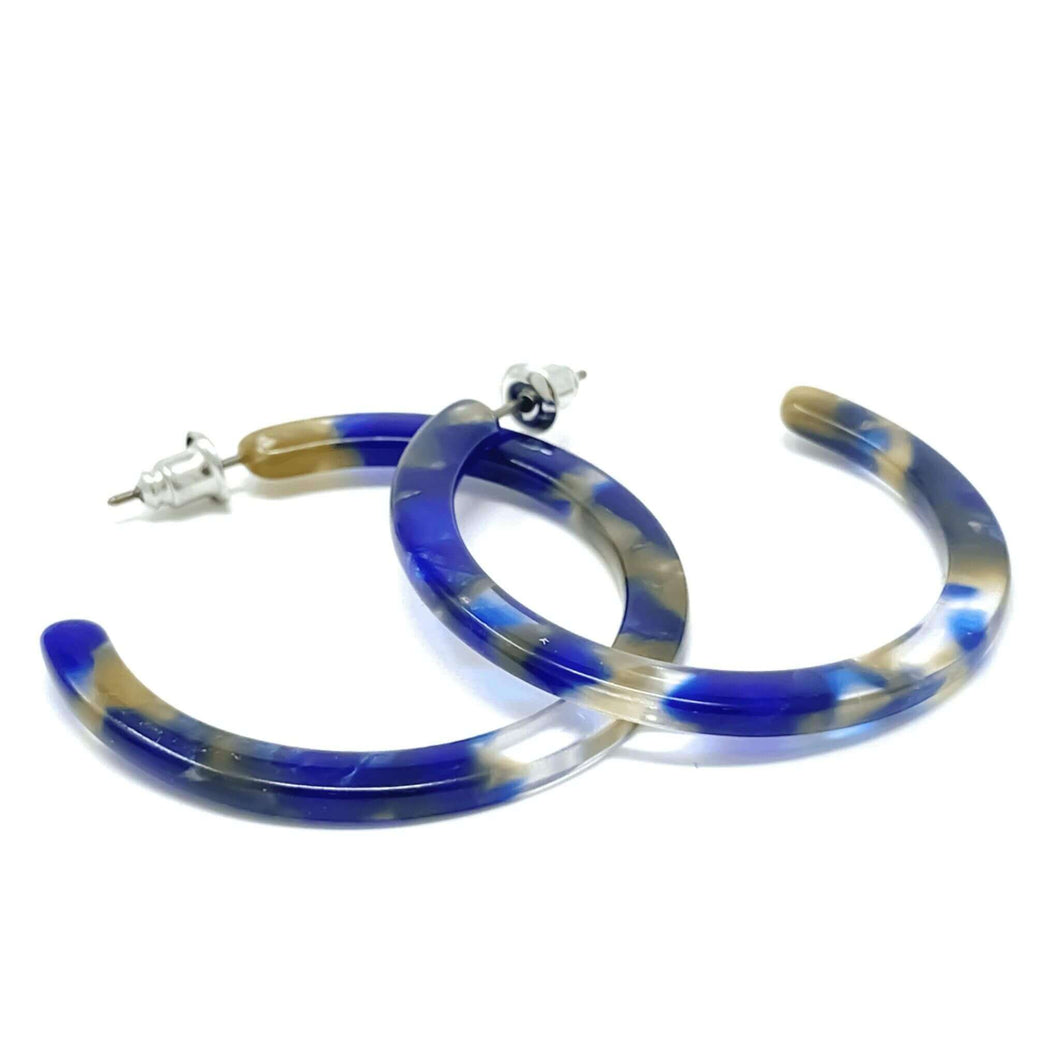 Blue Marbled Resin Hoop Earrings - Costume Fashion Jewelry