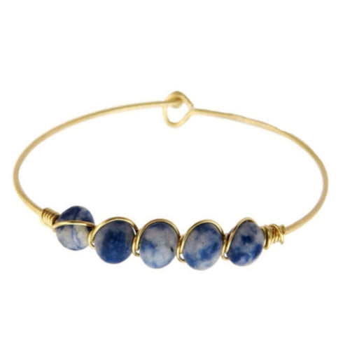 Blue Sodalite Stone Beaded Gold Bangle Bracelet