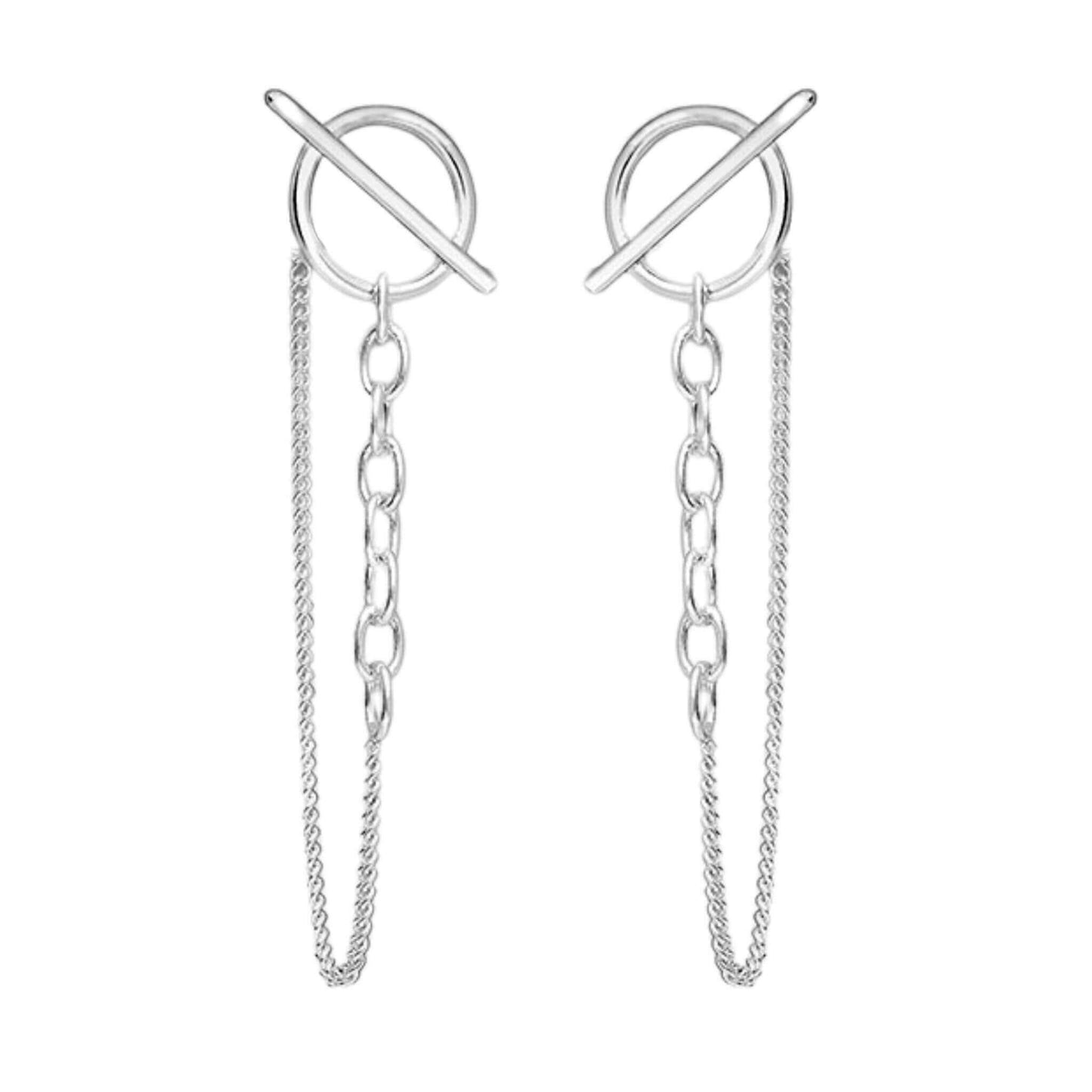 Circle Bar Dangle Chain Stud Earrings In Sterling Silver