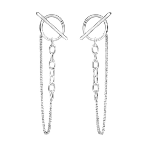 Circle Bar Dangle Chain Stud Earrings In Sterling Silver