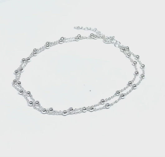 Sterling Silver Ball Beaded Double Chain Anklet