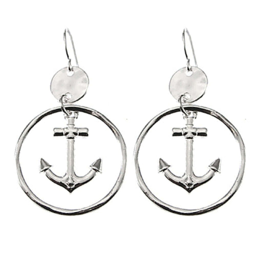 Silver Hammered Dangle Hoop Anchor Earrings