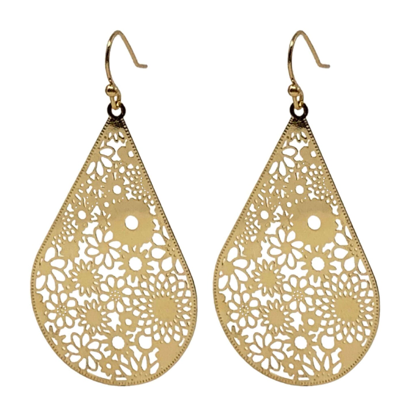 Gold Teardrop Earrings with Delicate Flower Pattern