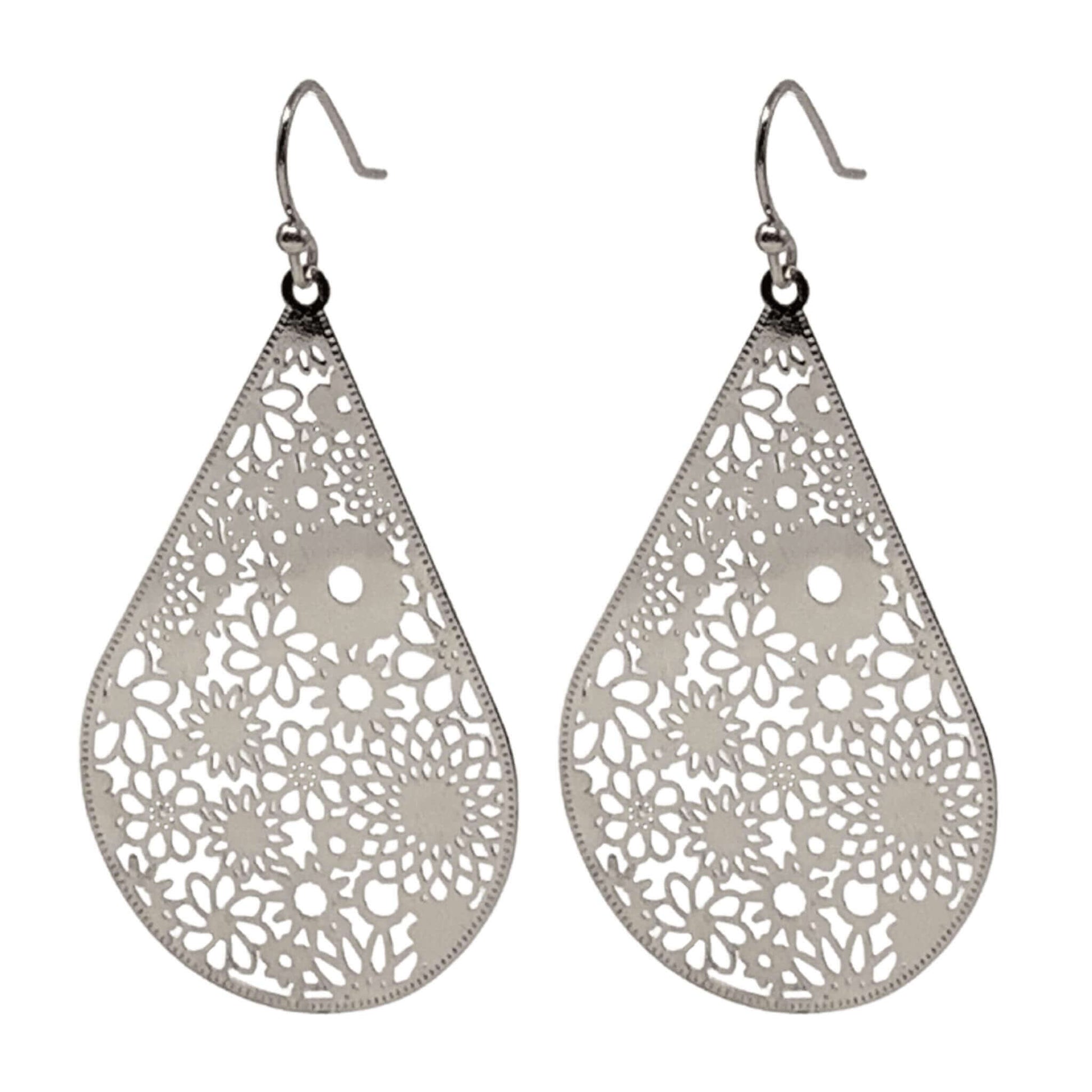 Silver Teardrop Earrings with Delicate Flower Pattern