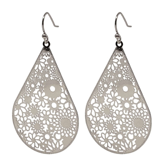 Silver Teardrop Earrings with Delicate Flower Pattern