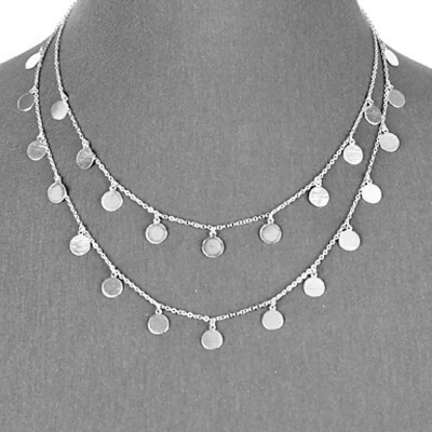 Double Layered Matte Silver Disc Necklace - Costume Jewelry