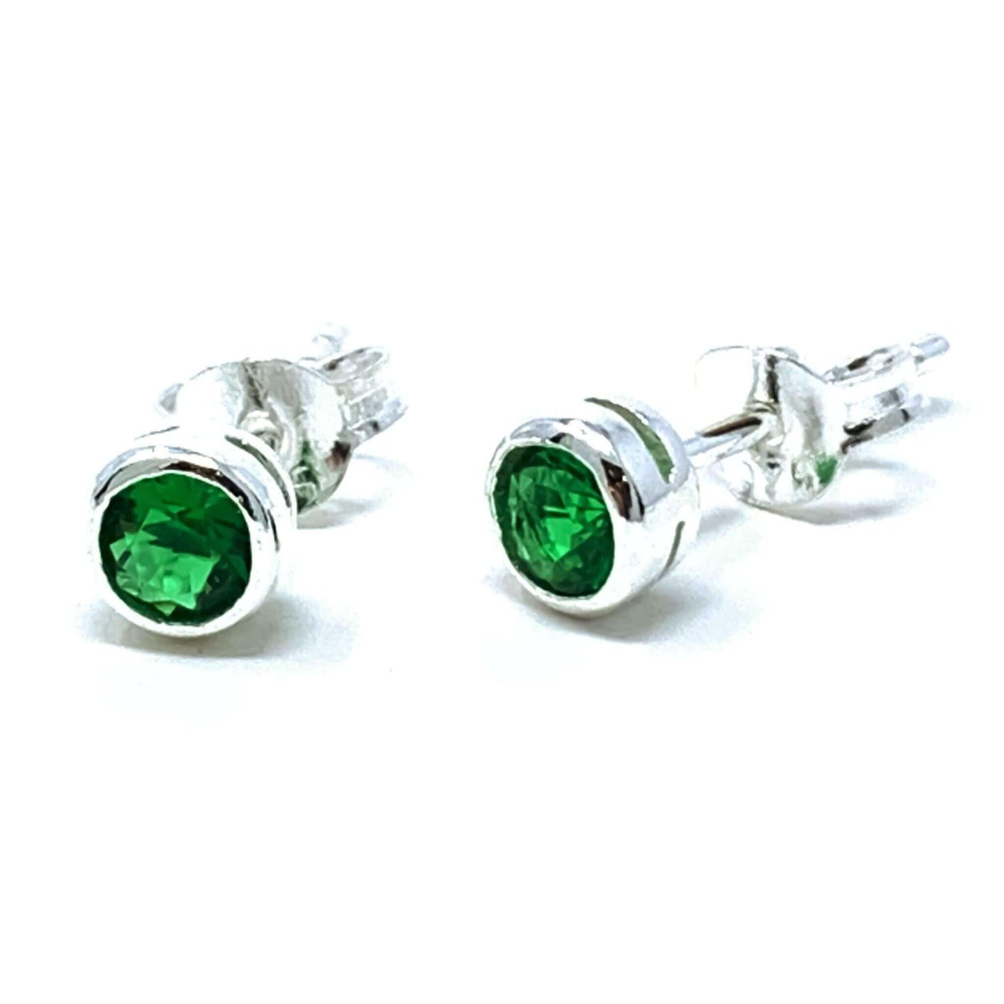 Emerald Earrings Sterling Silver Round Stud