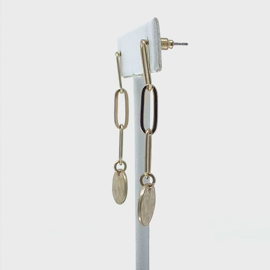 Worn Gold Chain Link Earrings With Hammered Disc - Costume Fashion Jewelry