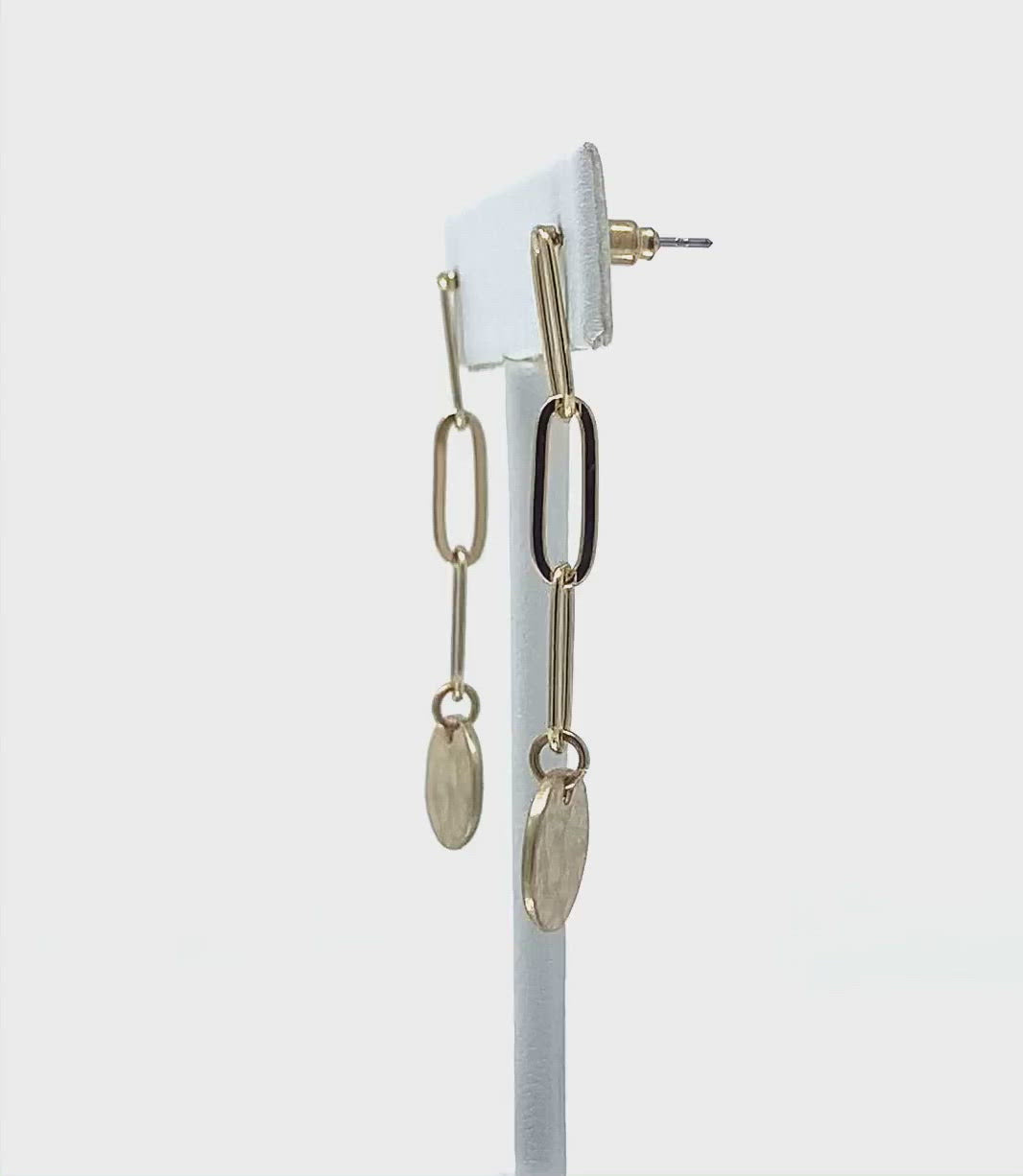 Worn Gold Chain Link Earrings With Hammered Disc - Costume Fashion Jewelry