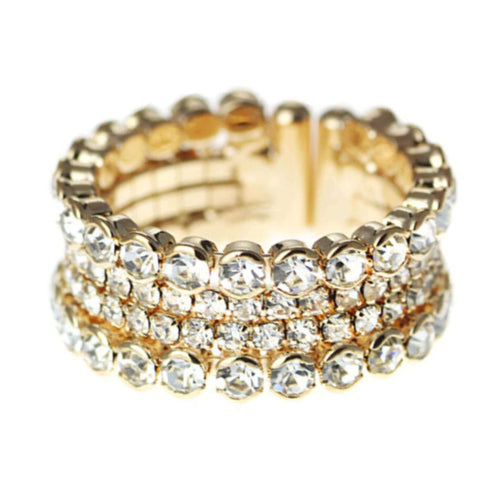 Gold Cuff Stretch Ring With Clear Rhinestones - Fashion Ring