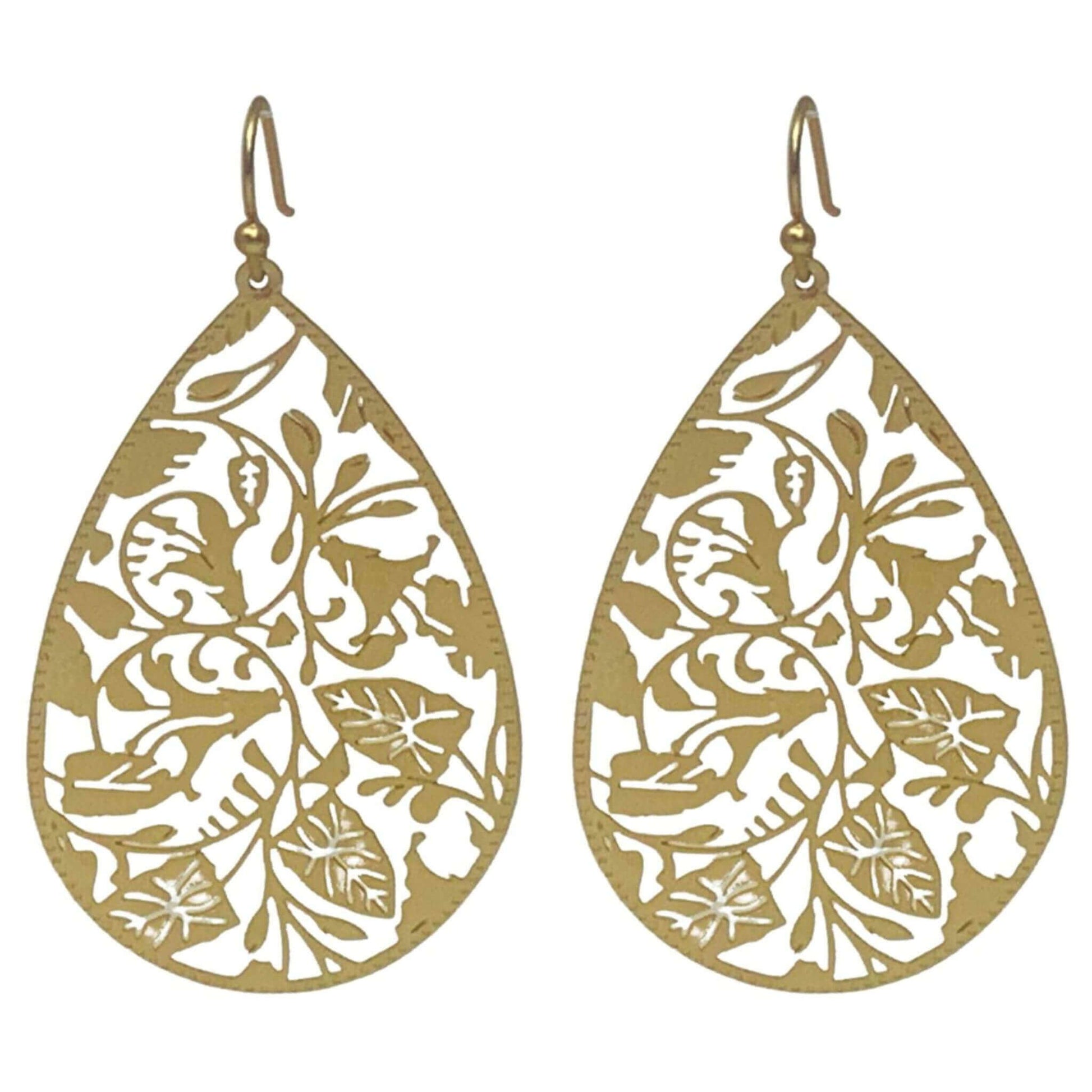 Floral Leaf Teardrop Earrings in Matte Gold