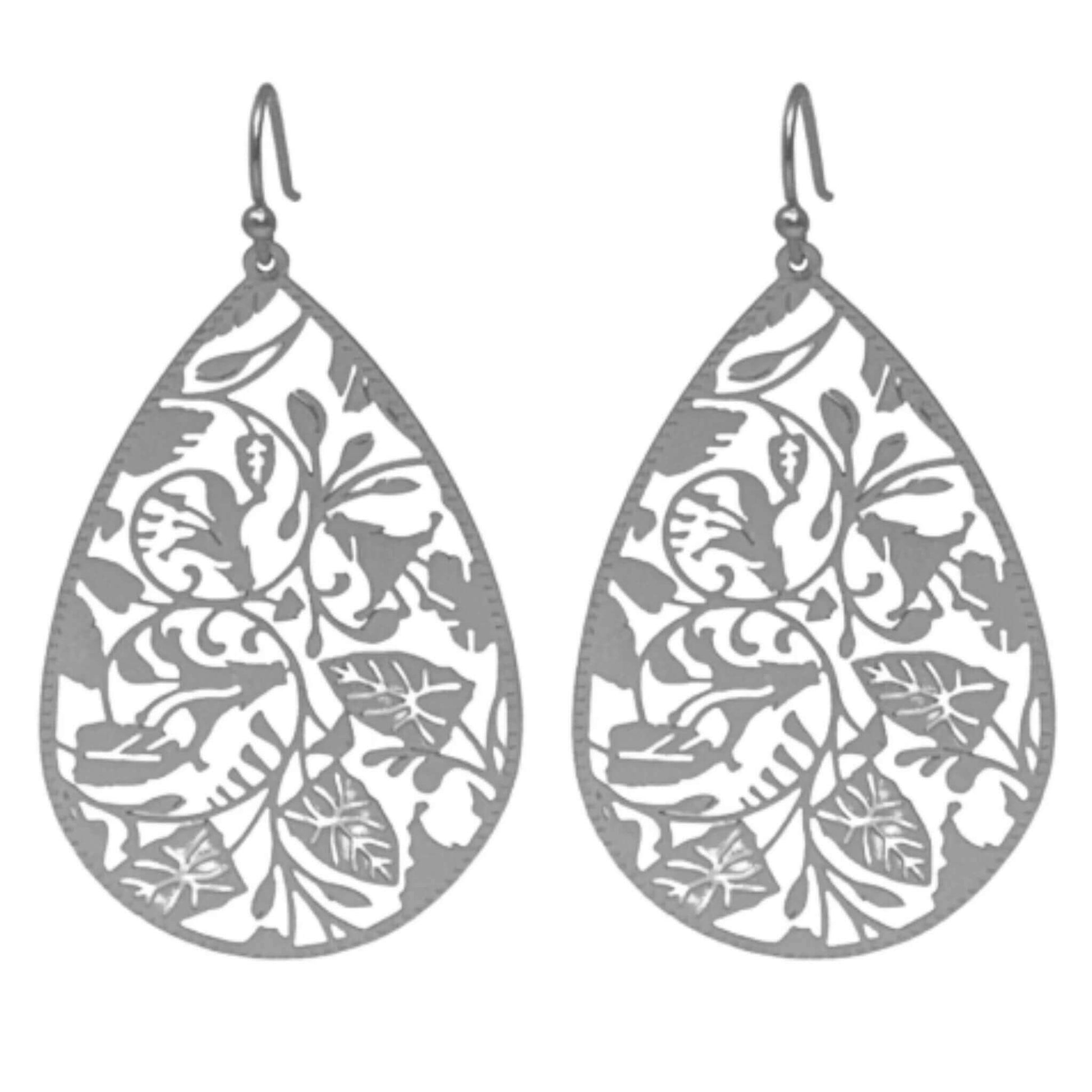 Floral Leaf Teardrop Earrings In Matte Silver
