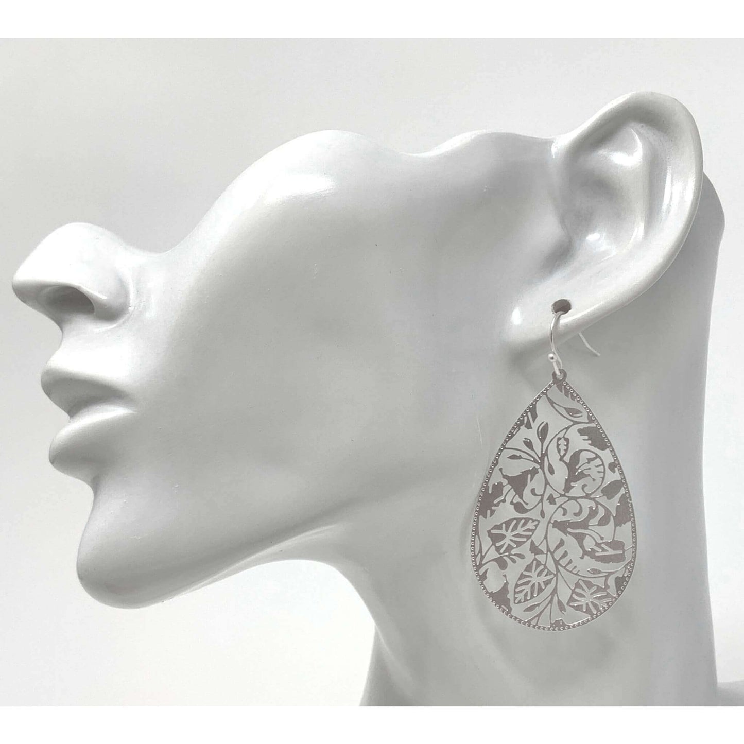 Floral Leaf Teardrop Earrings In Matte Silver