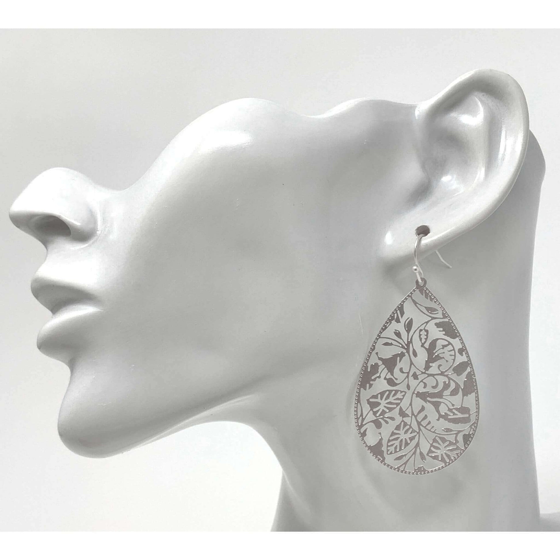Floral Leaf Teardrop Earrings In Matte Silver