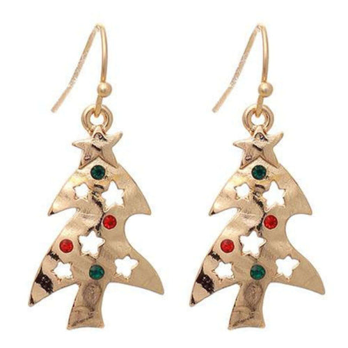 Gold Christmas Tree Earrings With Rhinestone Ornaments - Fashion Jewelry
