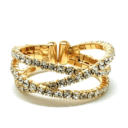 Gold Crossover Stretch Ring With Clear Rhinestones