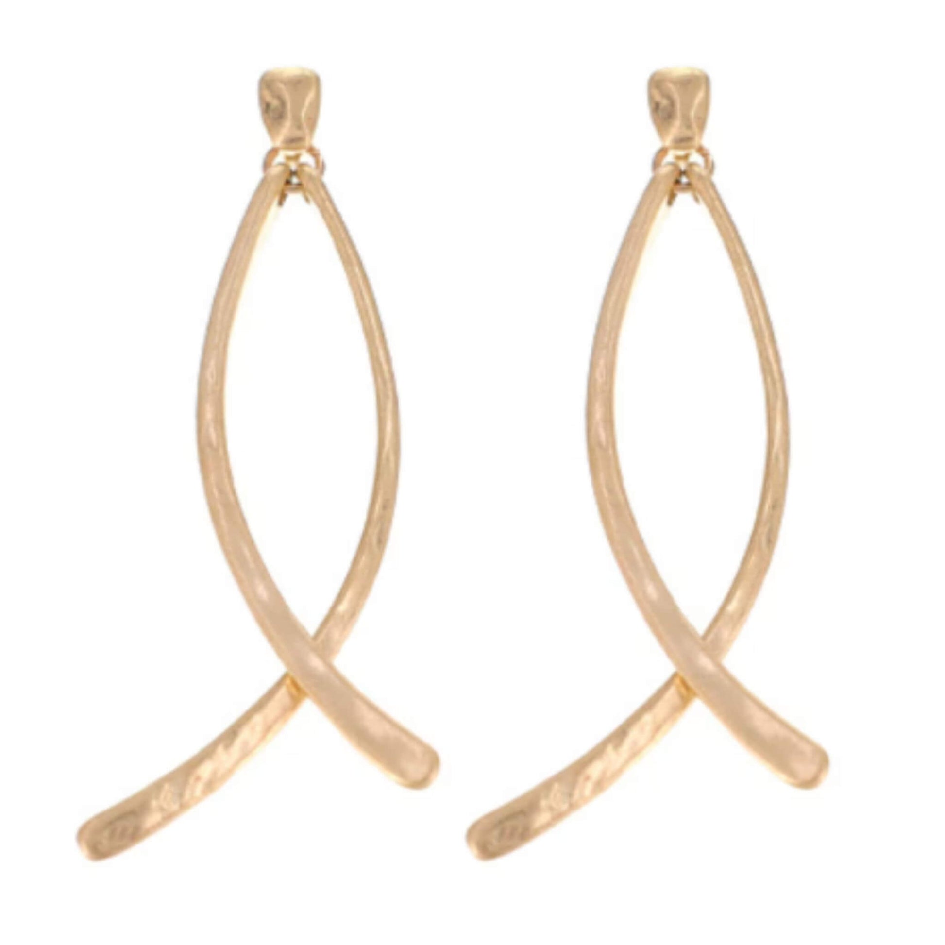 Worn Gold Hammered Double Curved Bar Earrings