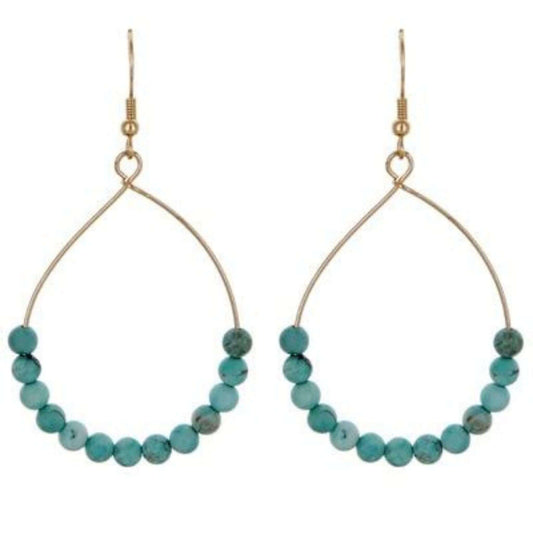 Gold Hoop Turquoise Beaded Earrings - Costume Fashion Jewelry