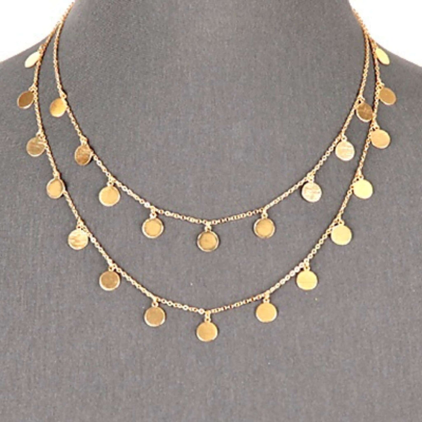 Layered Double Chain Gold Disc Necklace - Costume Jewelry